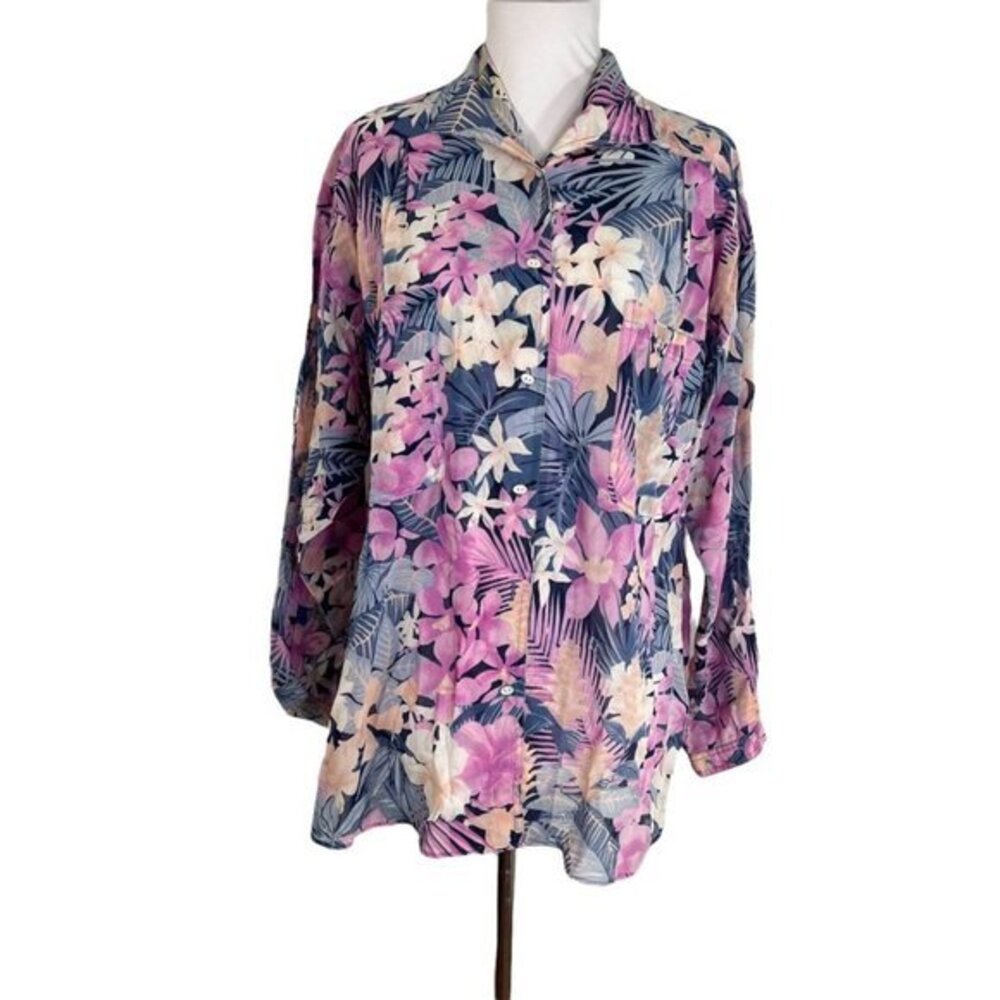 Vintage 80s Barry Bricken Floral Tropical Hawaiian Style Cotton Blouse M